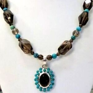 Barse Sterling Silver Turquoise Smoky Topaz Gem Pendant Bead Necklace
